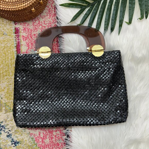 Vintage Handbags - Vintage 60s Black Brown Mesh Top Handle Purse Hand Bag